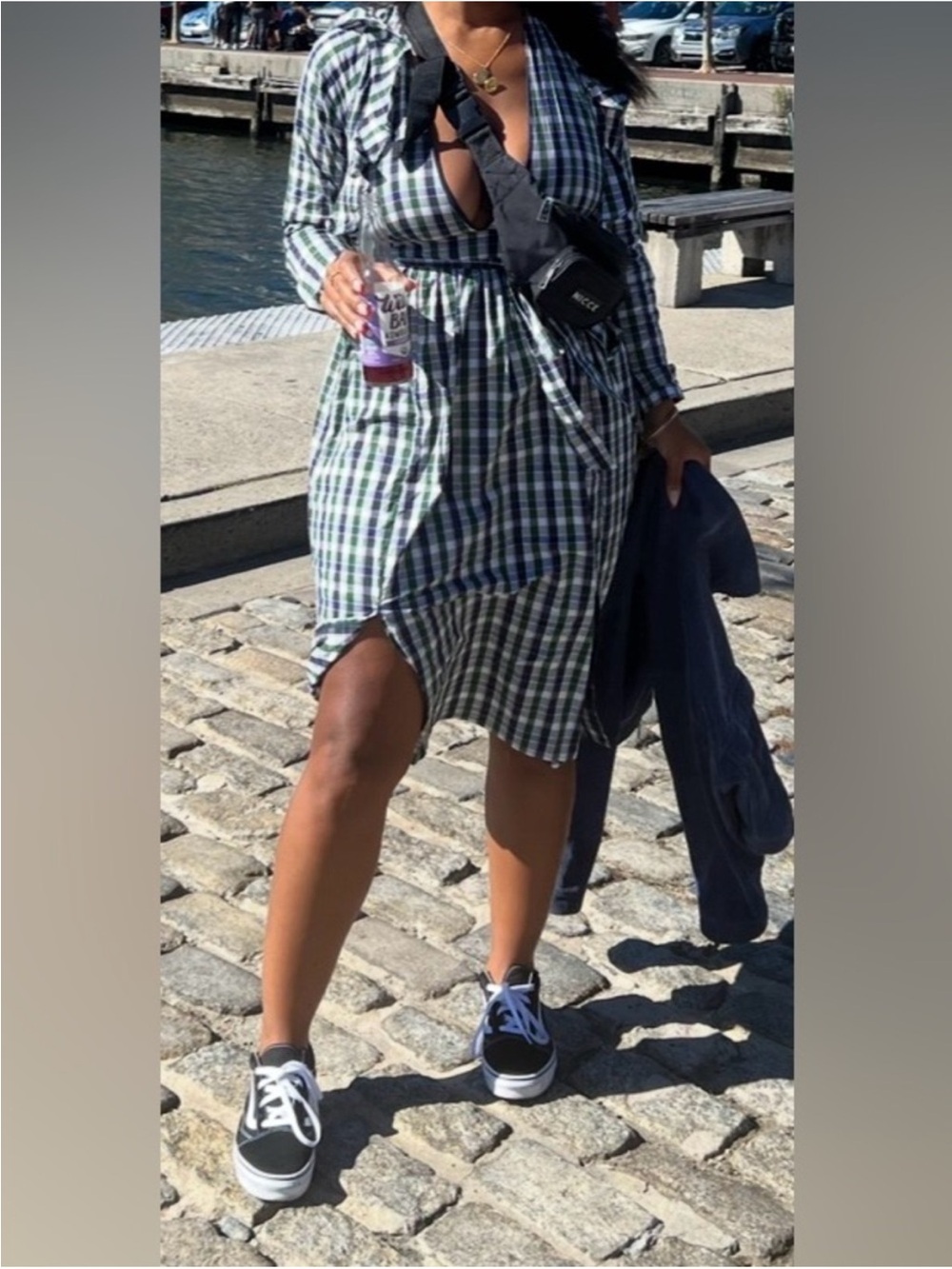 Plaid Midi Dress in Green and White